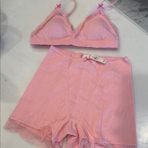 aerie Pink Lace-Trim Bralette & High-Waist Shorts Set